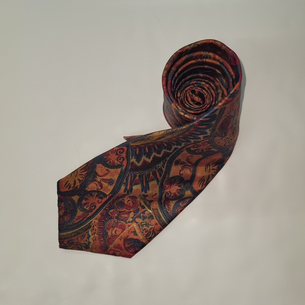 John Clarendon Silk Tie Men's Burgundy Gold Blue Paisley Jacquard‎ Handmade USA